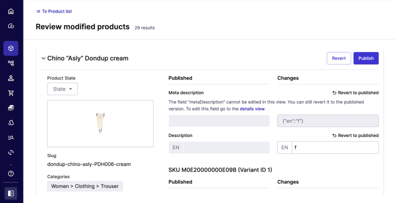 Reviewing modified products on commercetools’ Merchant Center