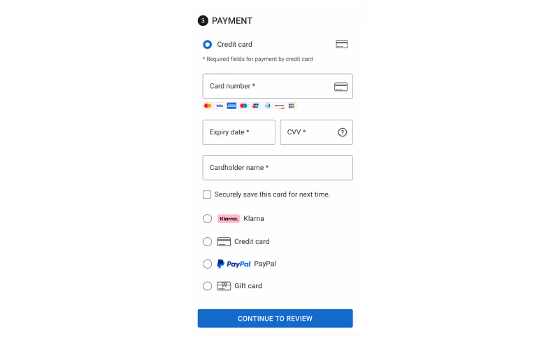 The customer’s view of stored payments available during checkout.