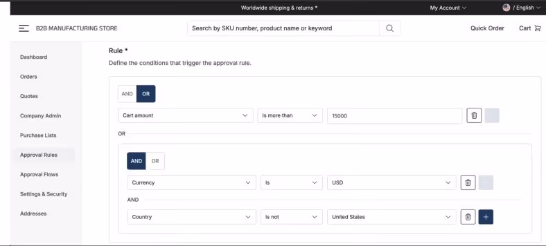 How to set up approval rules on commercetools Store Launchpad for B2B Manufacturing