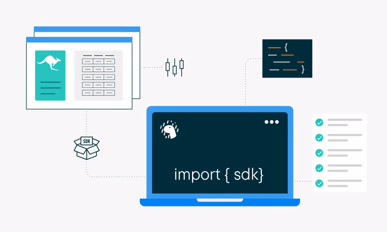 Illustration of a blue laptop with code 'import { sdk }' on screen, connected to icons representing interface windows, an SDK box, code snippet, and a checklist with check marks.
