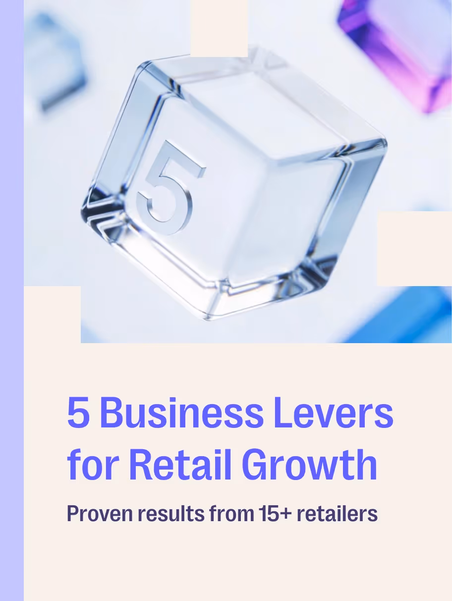 Transparent cube with the number 5 embossed on it above text reading '5 Business Levers for Retail Growth, Proven results from 15+ retailers'.
