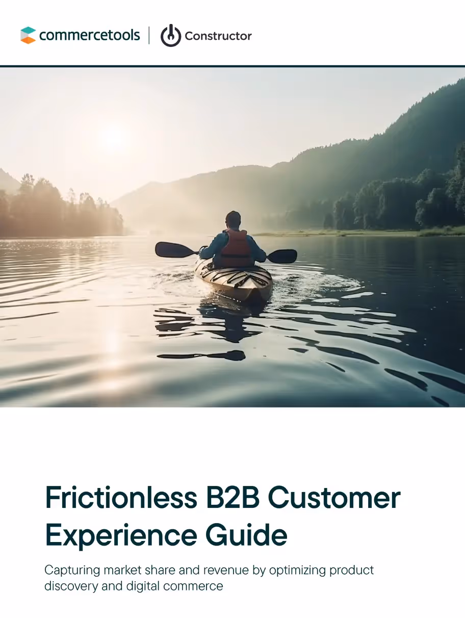 Person kayaking on calm water at sunrise with mountains and trees in the background, above text 'Frictionless B2B Customer Experience Guide' from commercetools and Constructor.