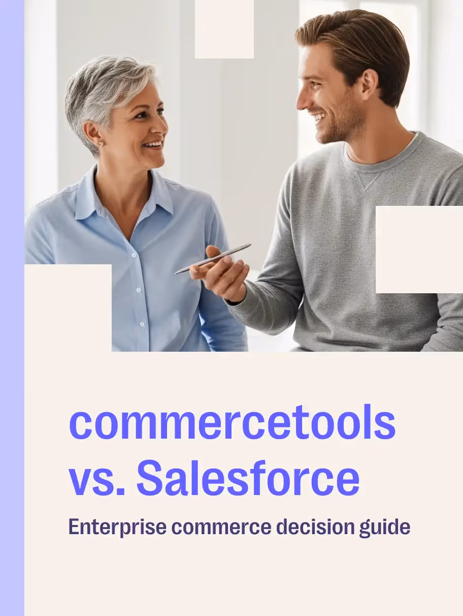 Smiling middle-aged woman and young man sitting and talking, with text 'commercetools vs. Salesforce Enterprise commerce decision guide' below them.