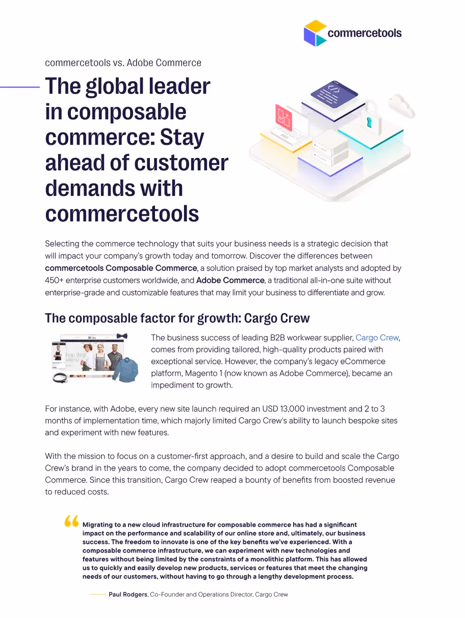 Commercetools versus Adobe Commerce comparison highlighting commercetools as a leader in composable commerce with Cargo Crew case study and a testimonial quote from Paul Rodgers.