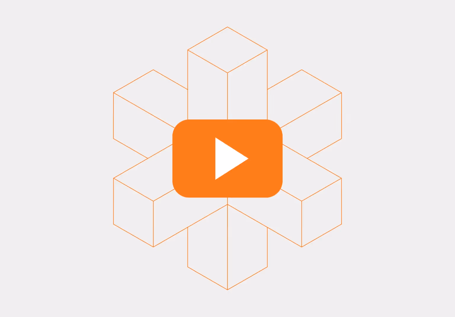 Orange play button icon centered over an abstract six-sided geometric shape made of outlined cubes on a light gray background.