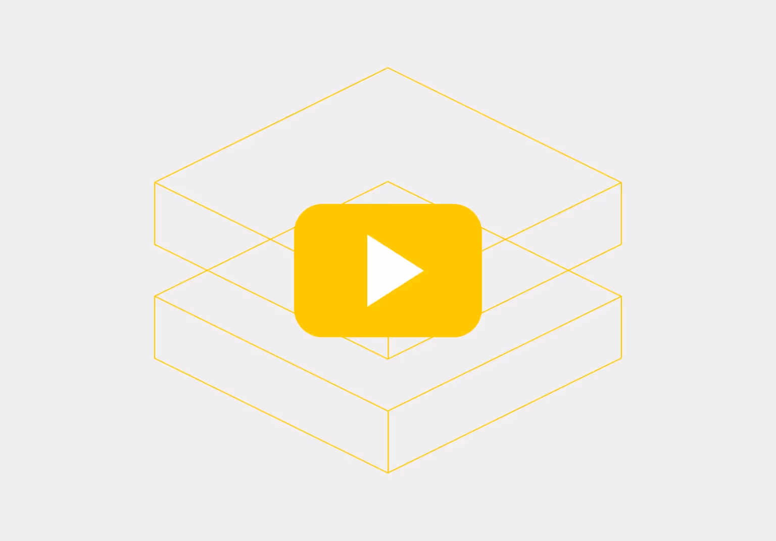 Yellow play button icon overlaid on a geometric isometric cube outline in yellow on a light gray background.