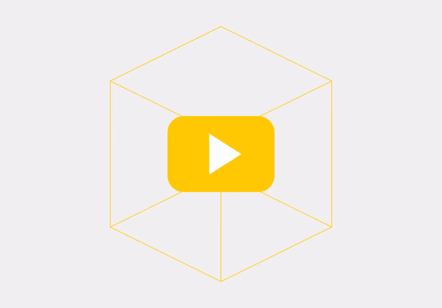 Yellow play button icon inside a transparent hexagonal outline on a light gray background.