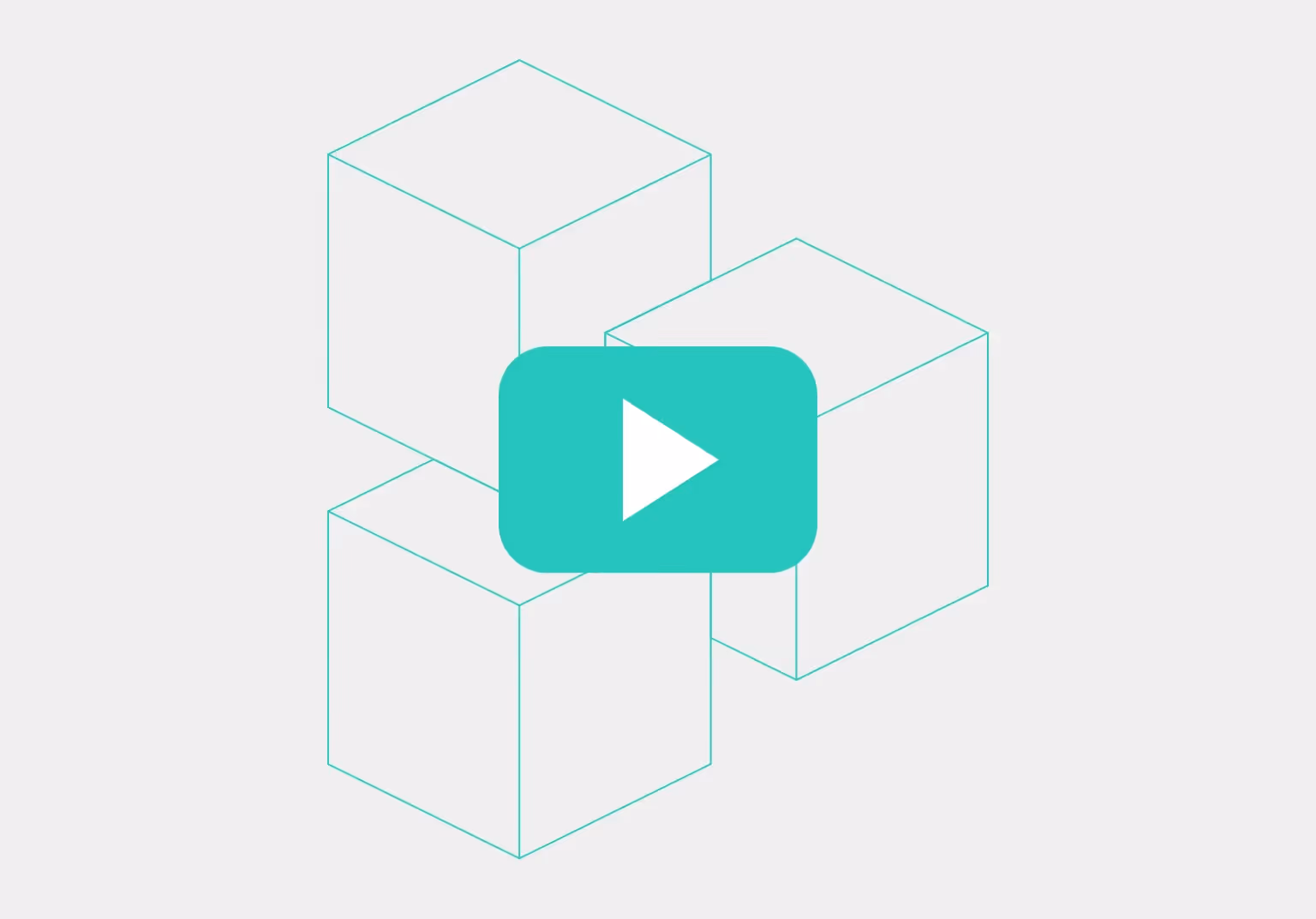 Three outlined 3D cubes with a teal play button symbol overlay in the center.