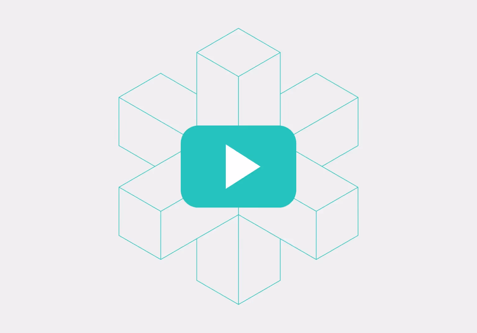 Abstract geometric design with turquoise outlined cubes arranged in a star pattern and a turquoise play button symbol in the center.