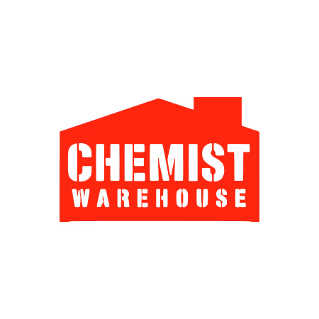 Red Chemist Warehouse logo shaped like a warehouse building with the text 'CHEMIST WAREHOUSE'.