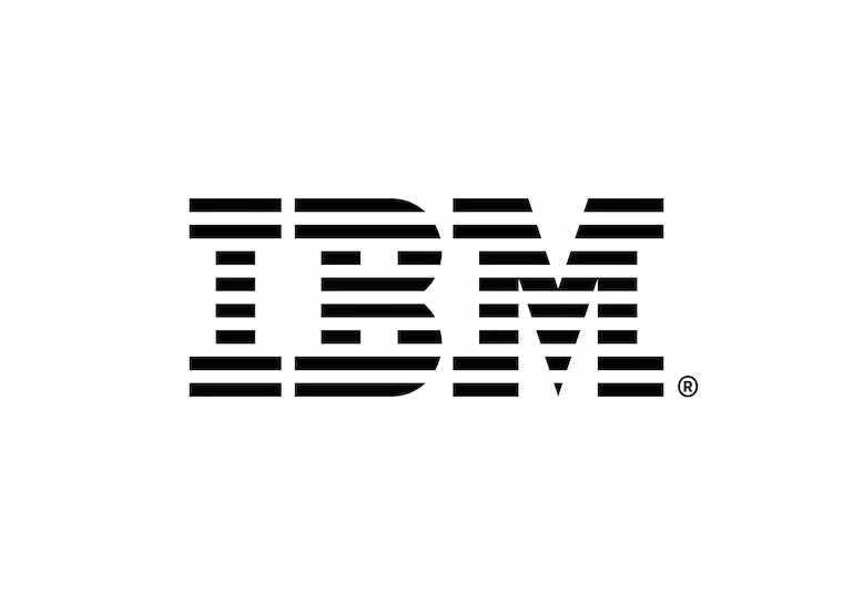 IBM logo with horizontal black stripes forming the letters IBM.