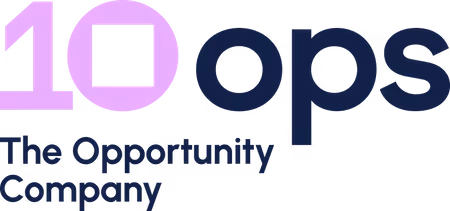 Logo with pink number 10 followed by dark blue text 'ops' and tagline 'The Opportunity Company' beneath.