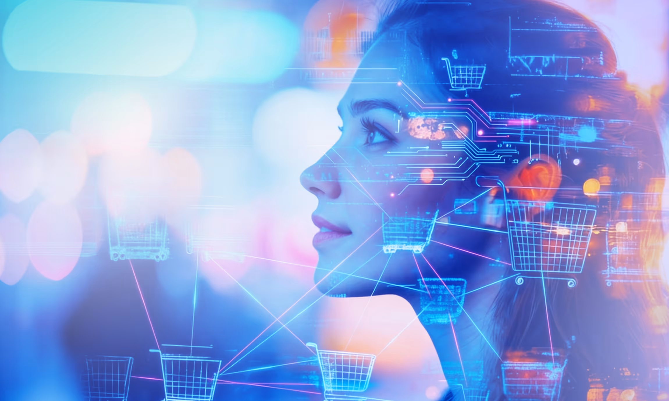 Profile of a woman looking forward with digital shopping cart icons and network lines overlaid, symbolizing AI and e-commerce technology.