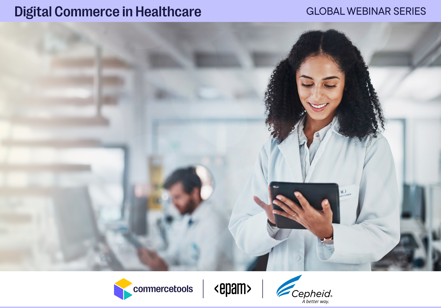 Smiling healthcare professional in a white coat using a digital tablet in a bright medical environment.