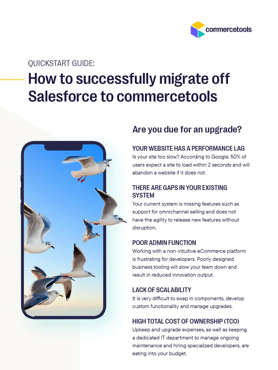 Quickstart guide titled 'How to successfully migrate off Salesforce to commercetools' with the commercetools logo and a phone displaying flying seagulls. It lists common upgrade reasons: website performance lag, system gaps, poor admin function