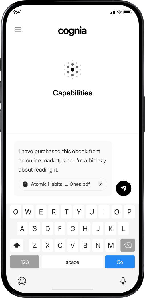 Smartphone screen displaying Cognia app with a message about purchasing an ebook titled Atomic Habits and a keyboard visible.