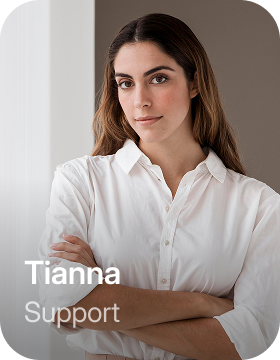 Portrait of Tianna, a woman with long brown hair in a white shirt, arms crossed, labeled Support.