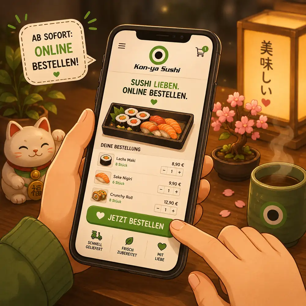 Ab sofort online bestellen: eine Hand hält ein Handy mit der Bestellseite von Kon-ya Sushi