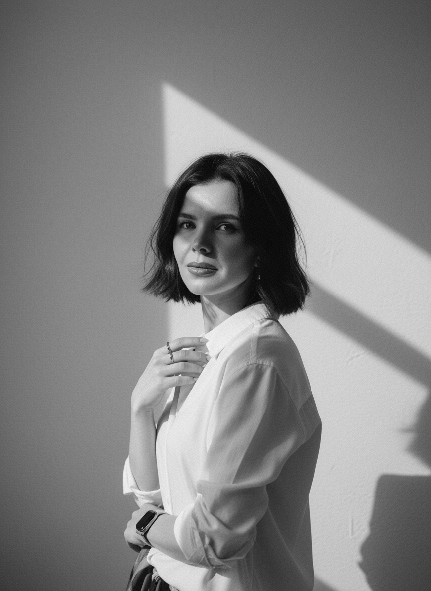 Black and white portrait of a woman with dark hair in a white shirt standing near a wall with sunlight casting geometric shadows.
