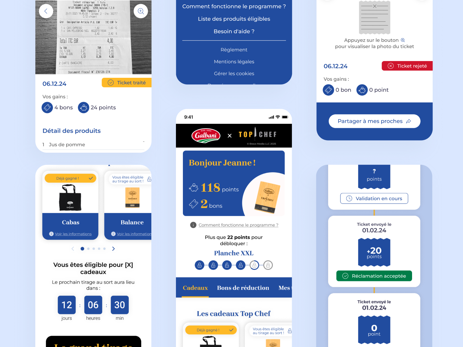 Galbani x Top Chef mobile interface — loyalty points and reward system