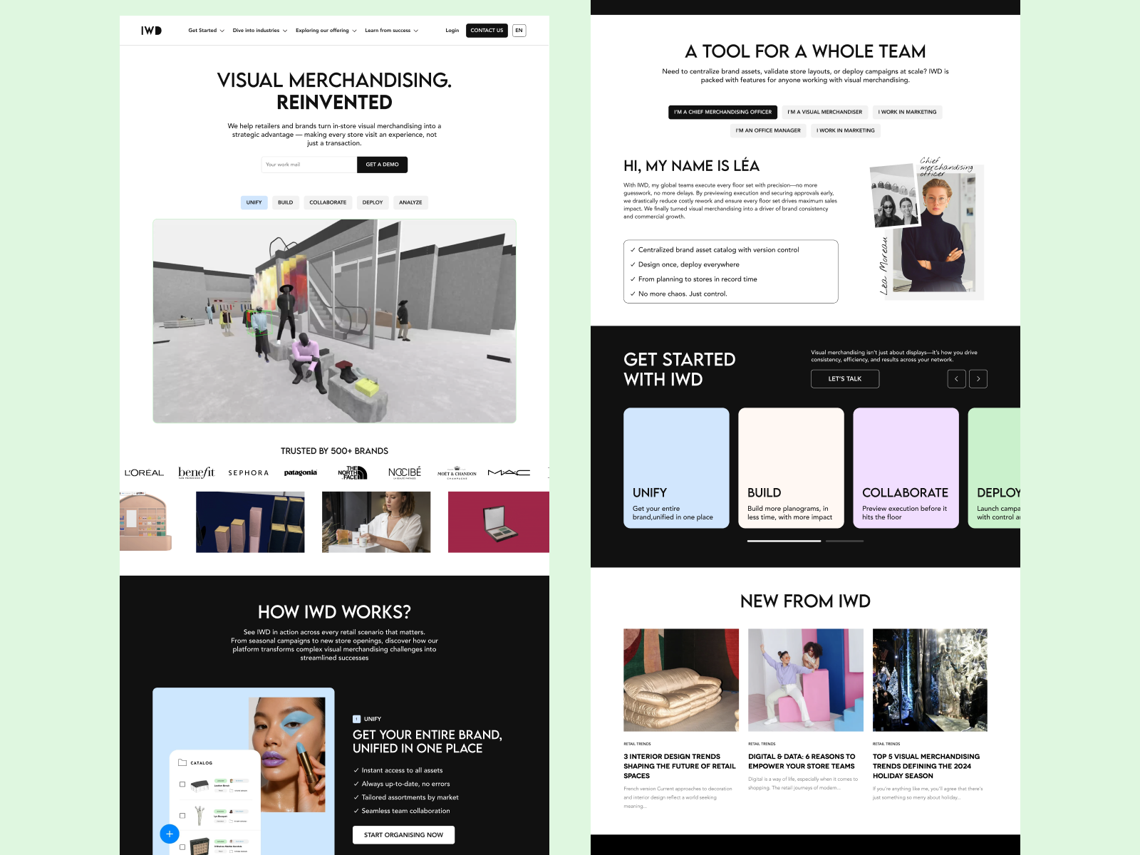IWD website desktop layout — editorial design and product positioning for 500+ brands