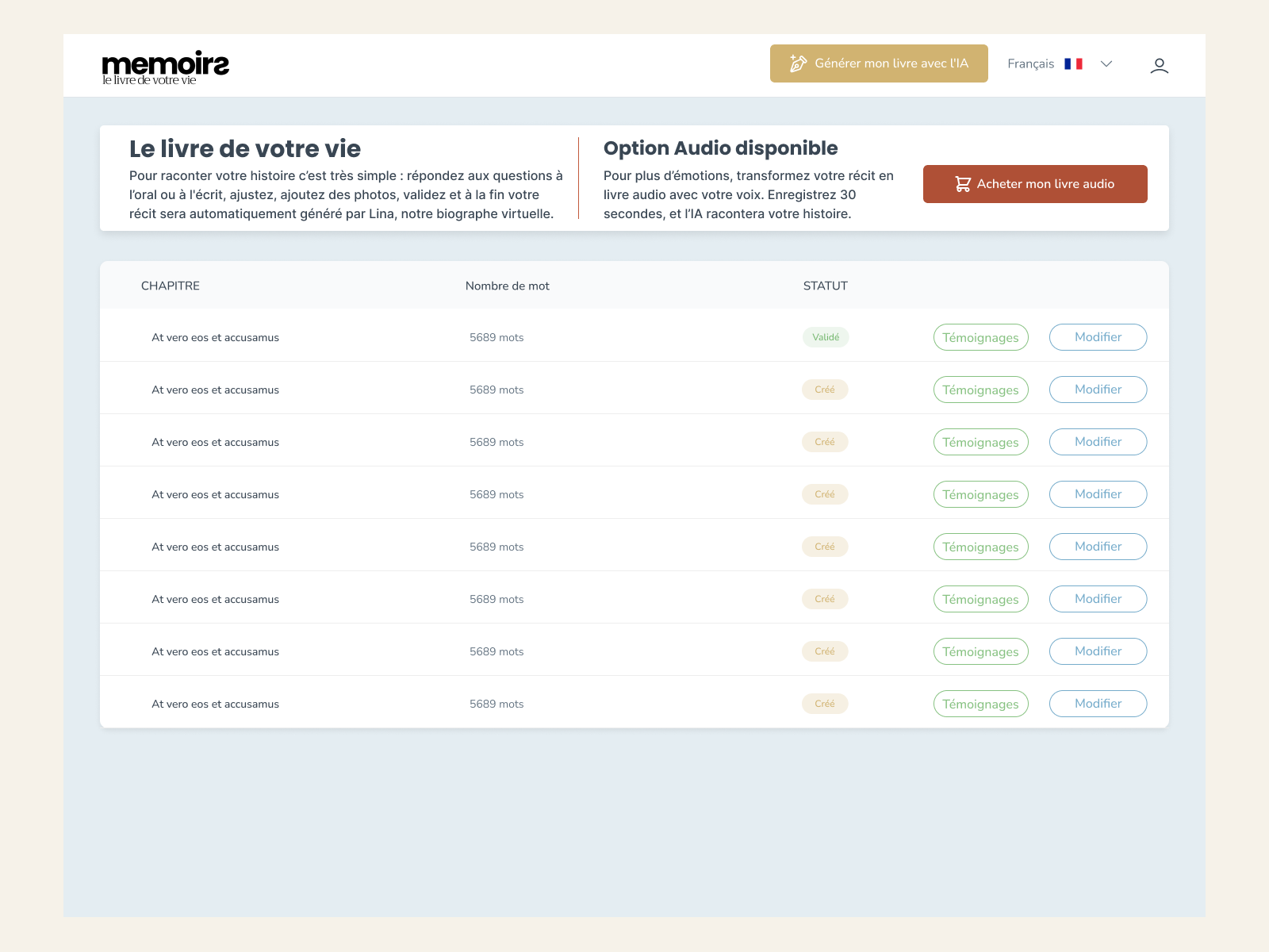 Memoirs app screens — writing parcours, anecdotes module, and design system components