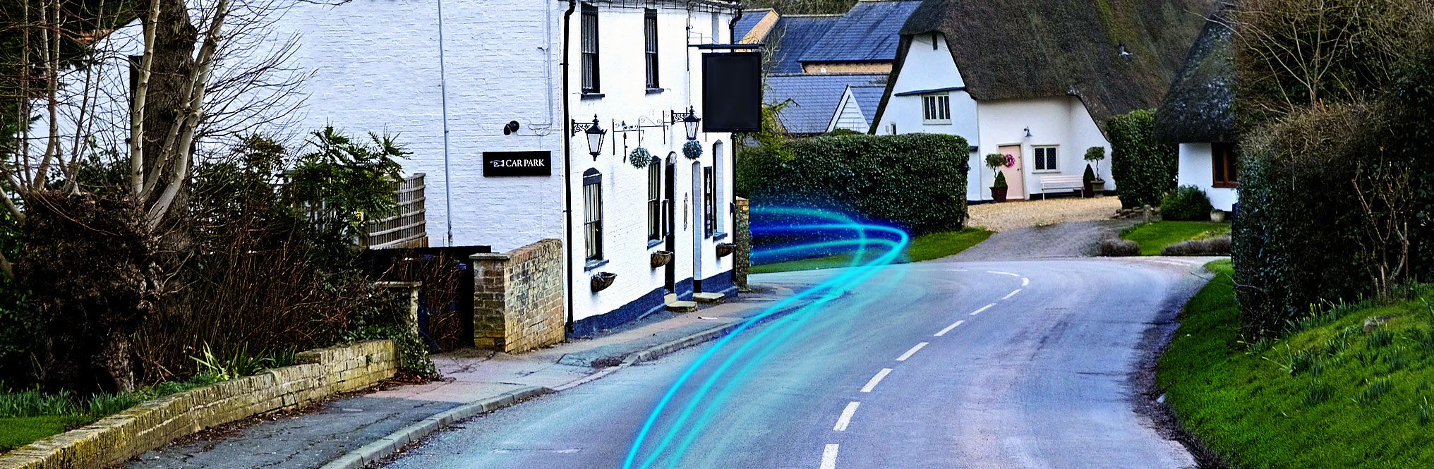 Blue lines signifying internet speeds along a road