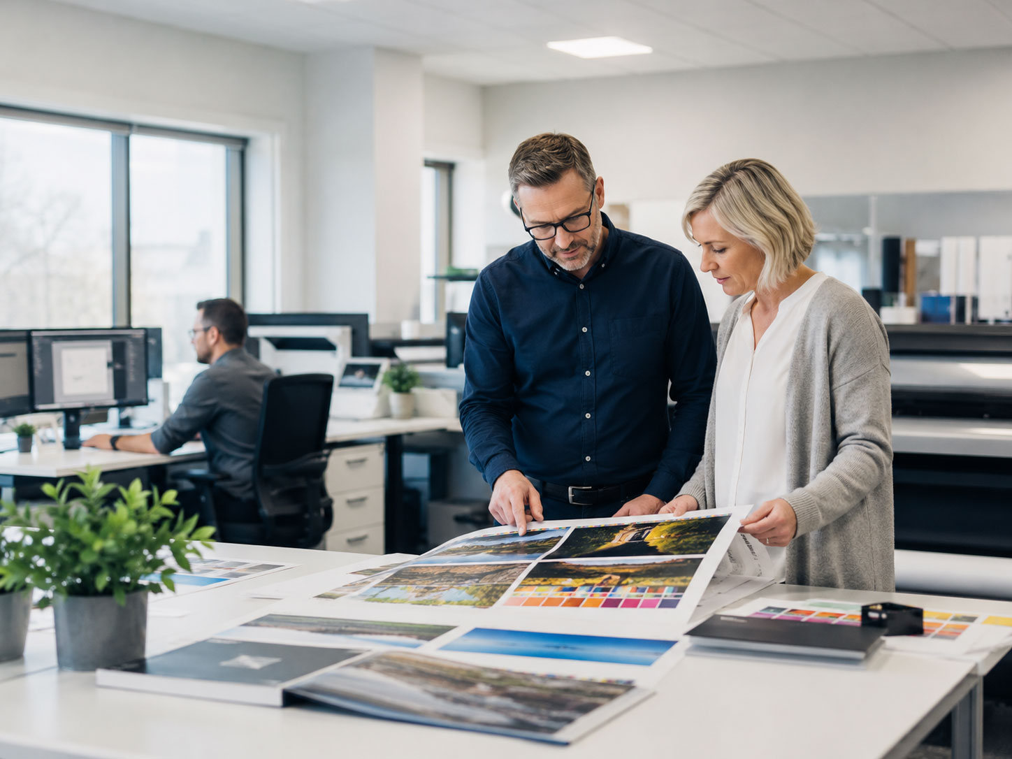 Two colleagues reviewing printed design proofs in a modern print studio, with workstations and large-format printers in the background.
