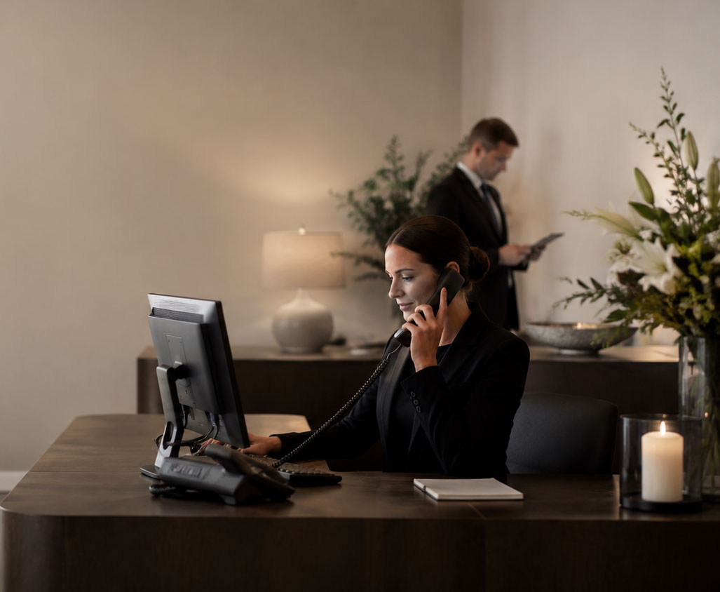 Funeral home receptionist speaking on the phone at her desk, supporting families with a calm and professional service.