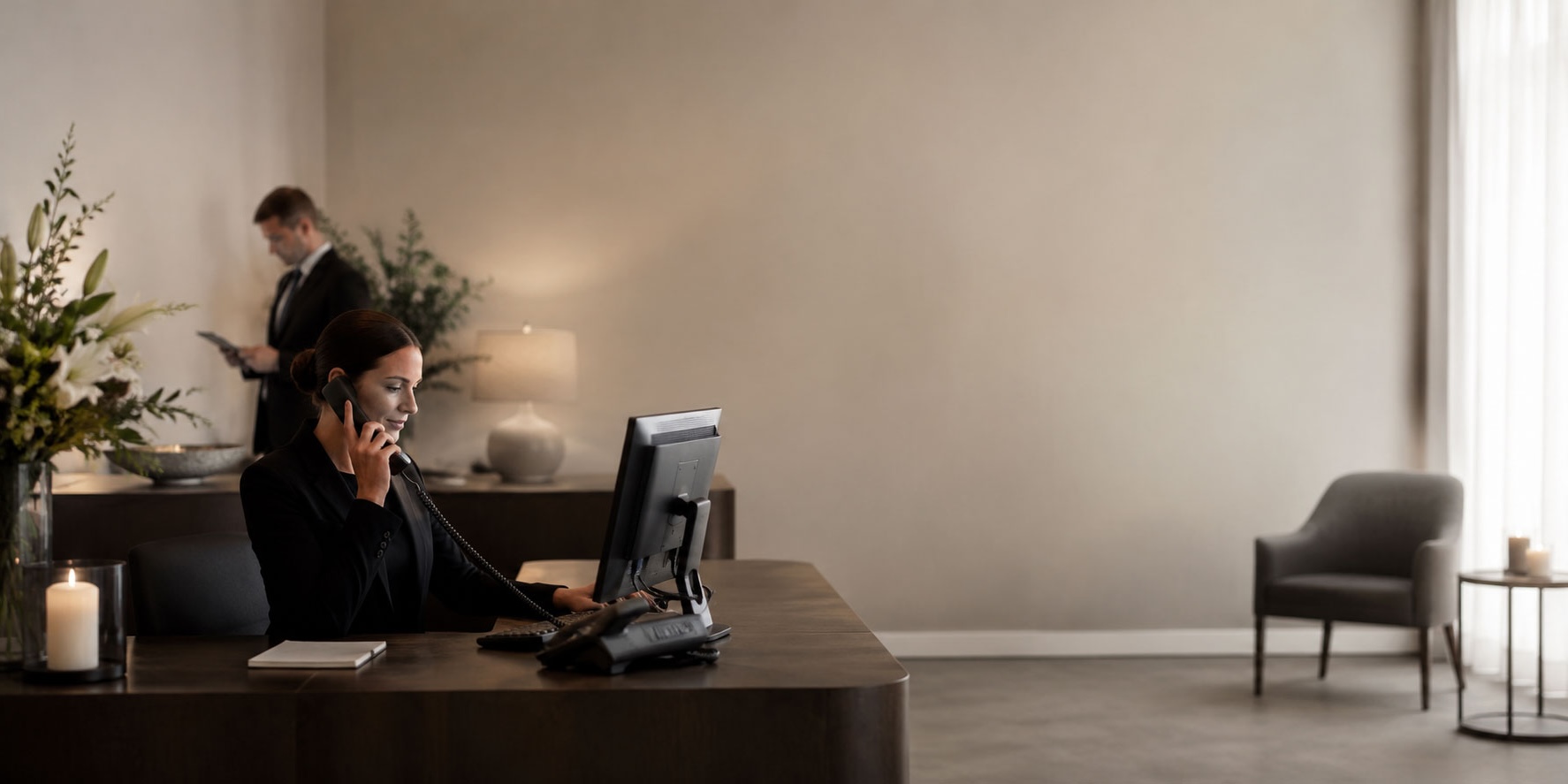 Funeral home receptionist speaking on the phone at a desk, with a colleague in the background and a calm, welcoming reception area.