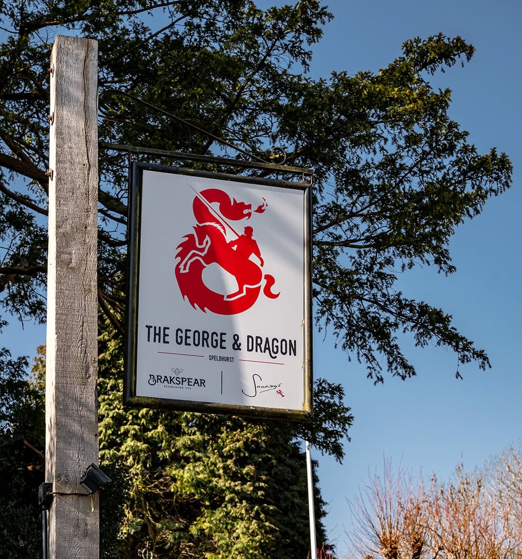 Hanging protruding sign outside the george and dragon pub