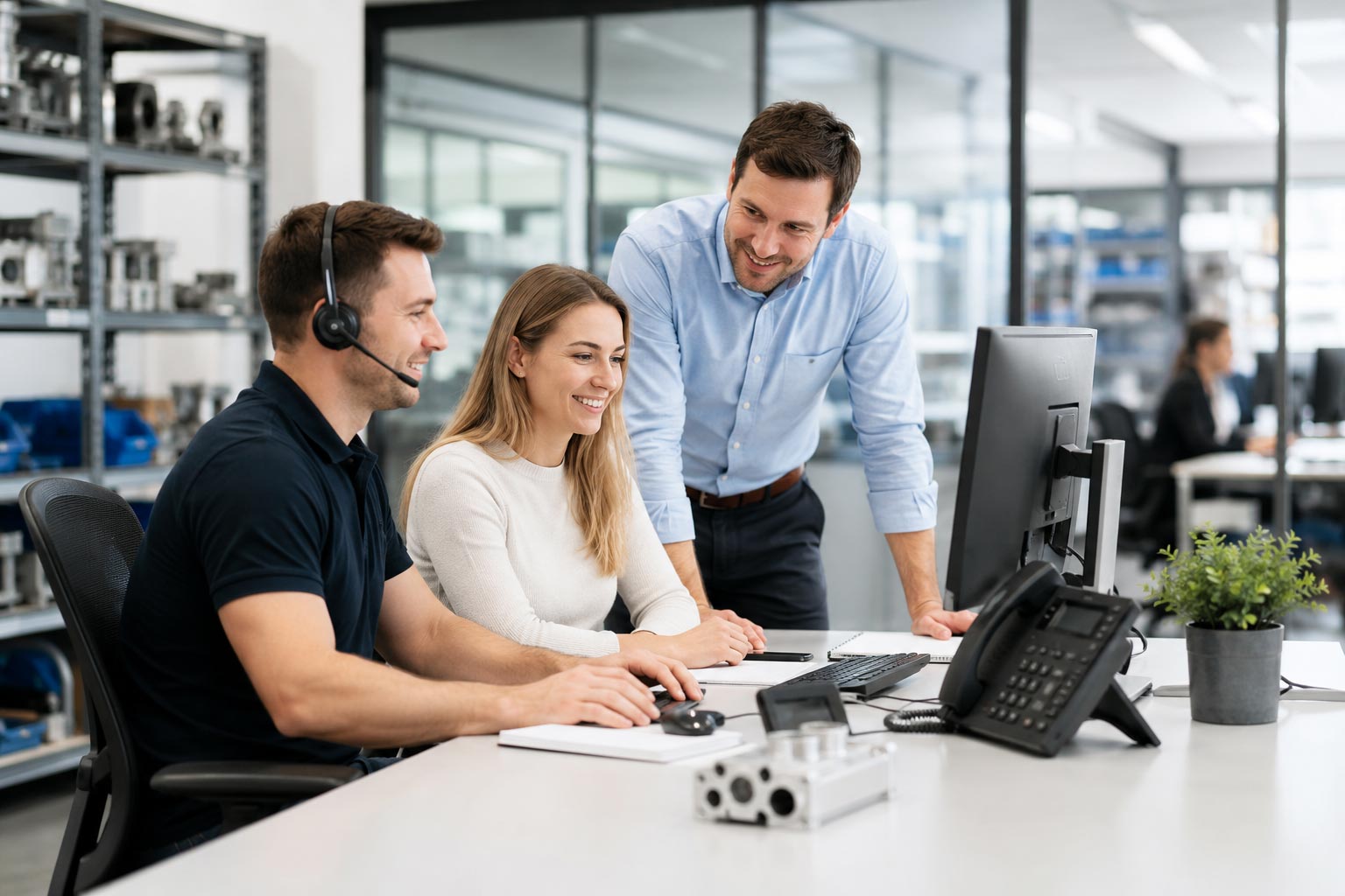 A group of 3 people looking at a computer having a discussion