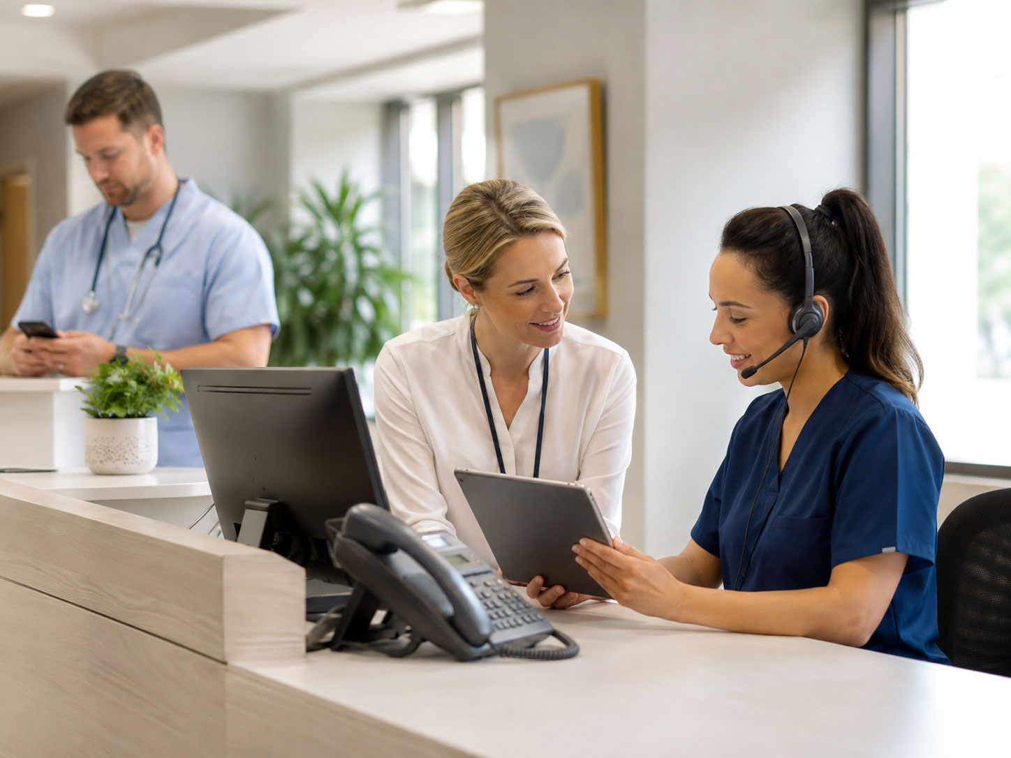 Healthcare reception team using a phone system and tablet at a primary care desk, supporting reliable communication for staff and patients.