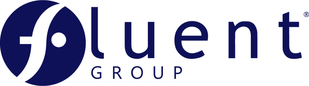 Logo featuring the text "Fluent Group" with a stylized circular design on the left.