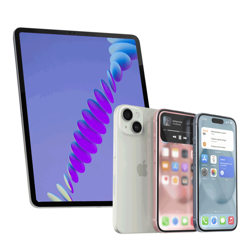 A tablet and two smartphones with colorful screens displayed, illustrating technology gadgets.