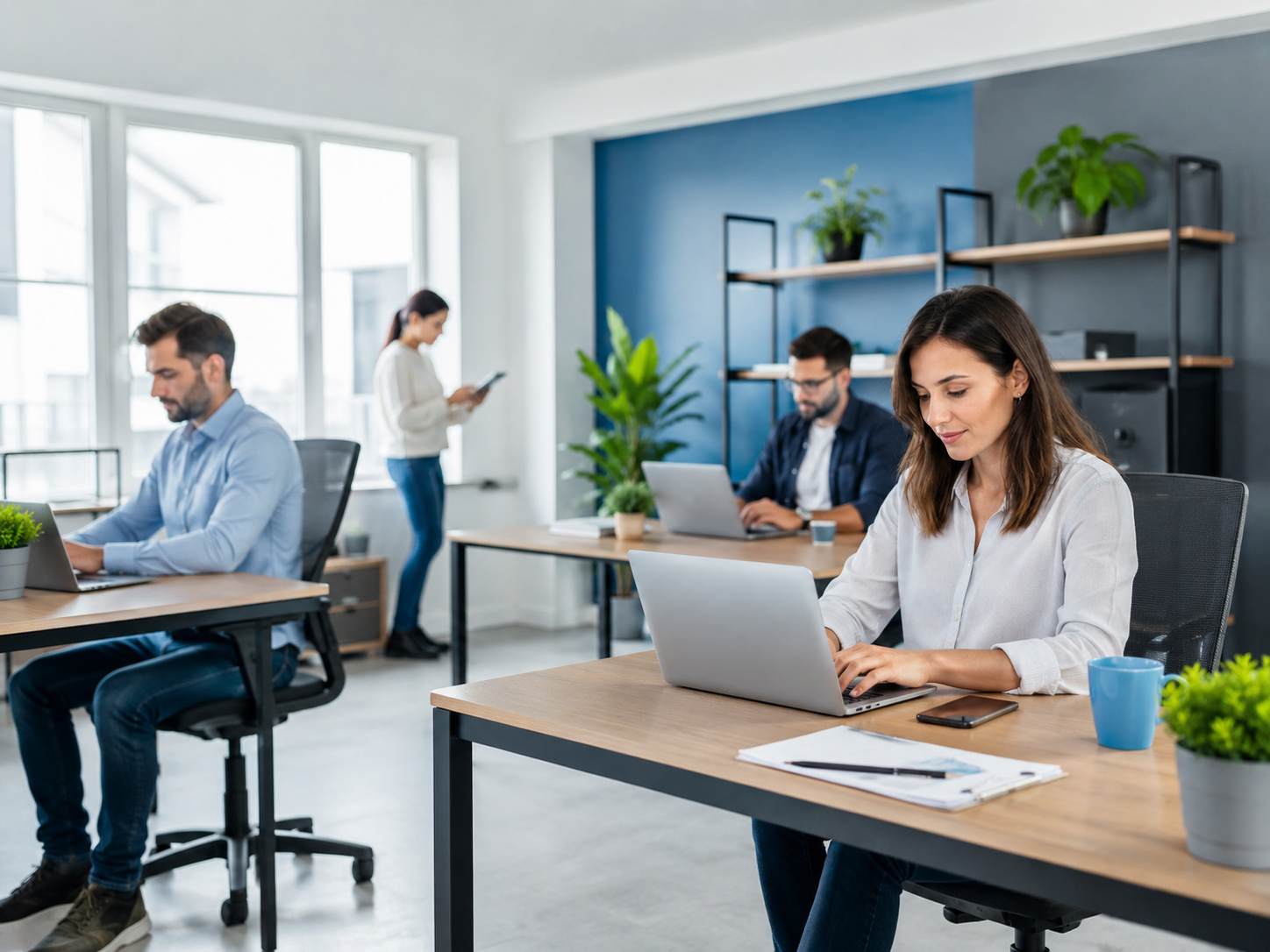 Four people work on laptops at desks in a modern office with plants and a blue wall.