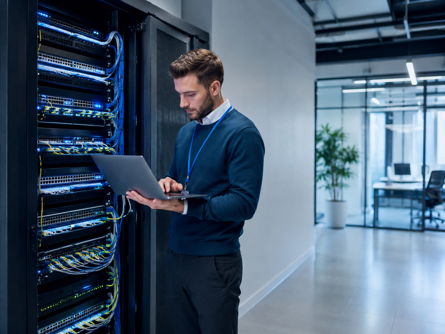 A man in an office works on a laptop beside a server rack with network cables.