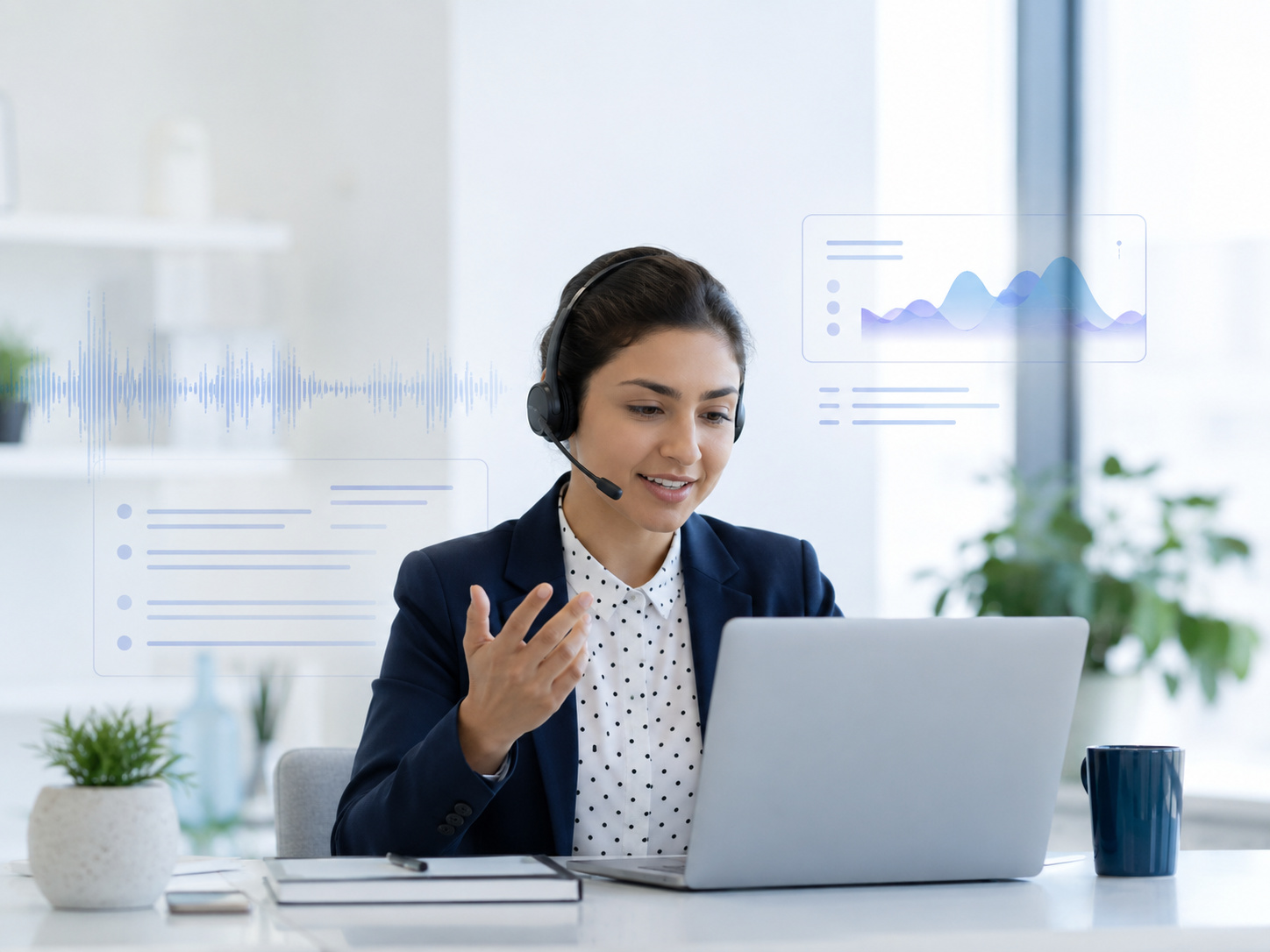 A woman wearing a headset talks while using a laptop, with digital charts displayed nearby.