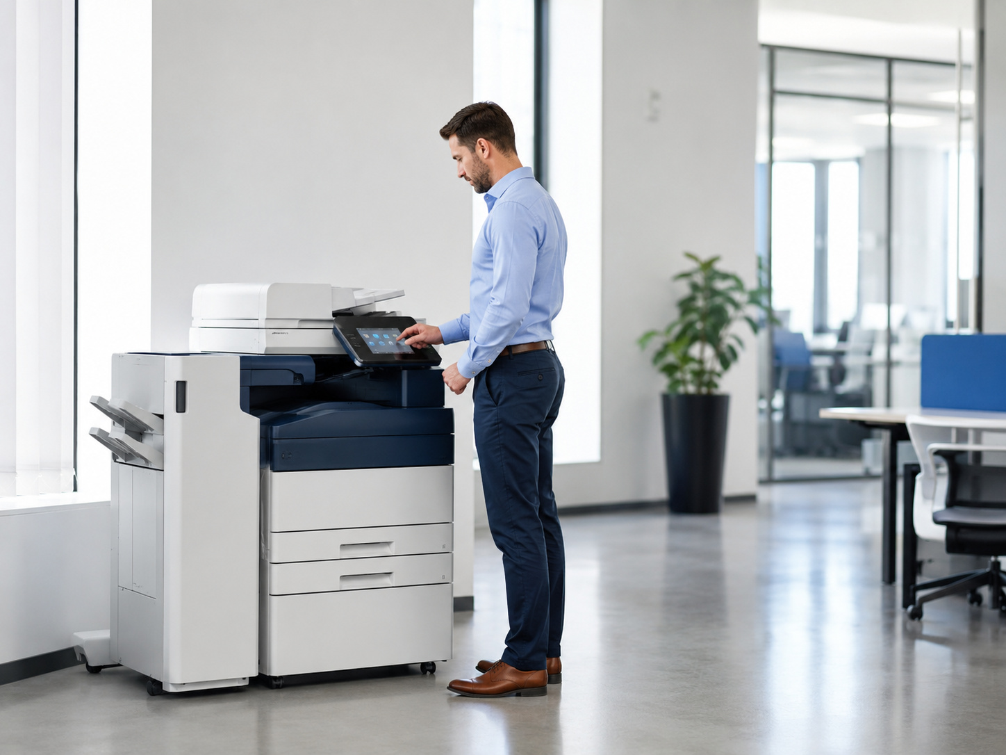 A man in a blue shirt uses a large office printer in a bright, modern workspace.