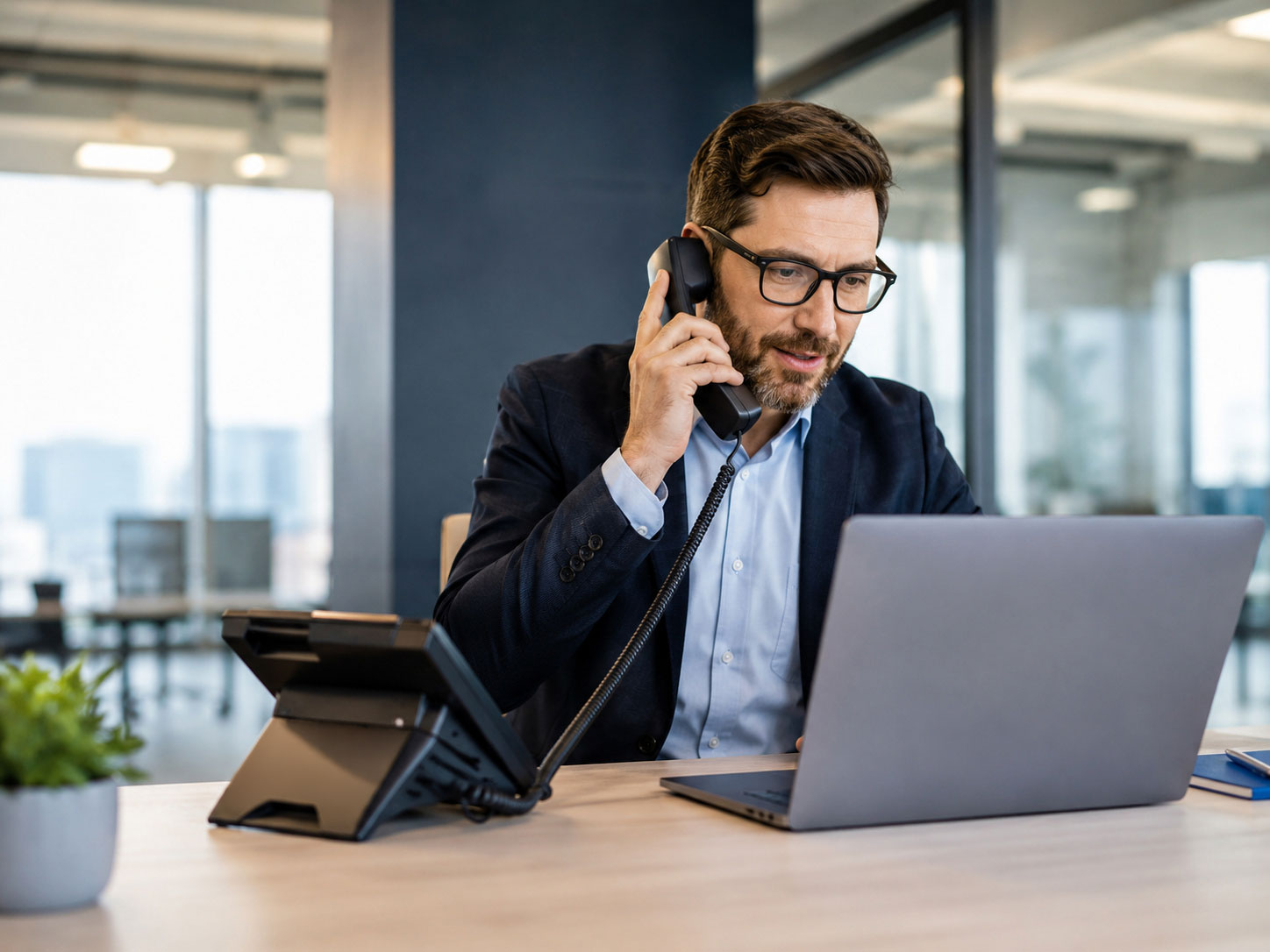 A man in a suit talks on a phone while working on a laptop at his desk.