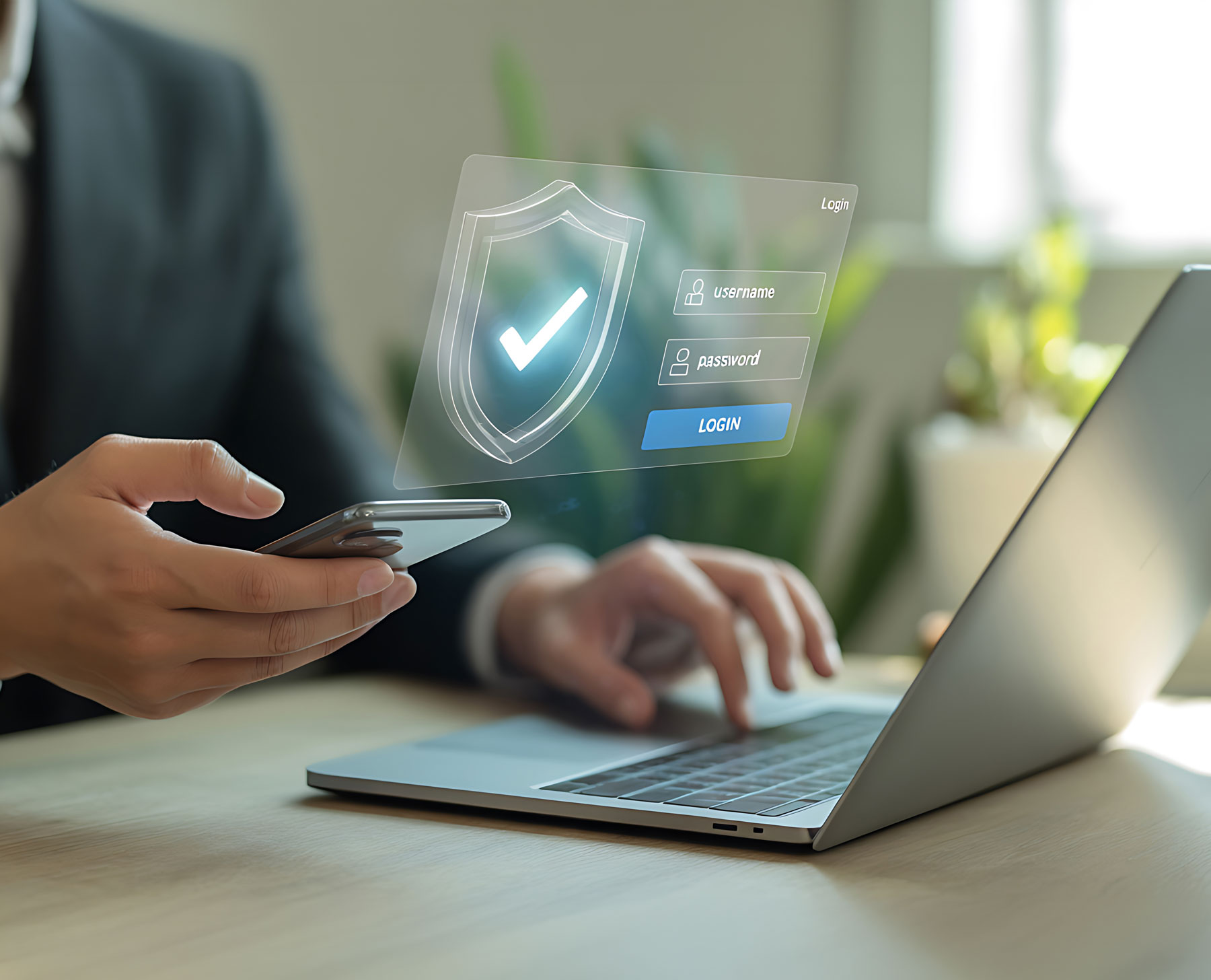 Person uses a smartphone and laptop to securely log in with a digital shield icon visible.