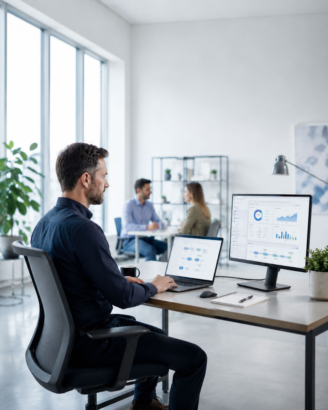 A man works on computer screens at a desk, while two people talk in the background.