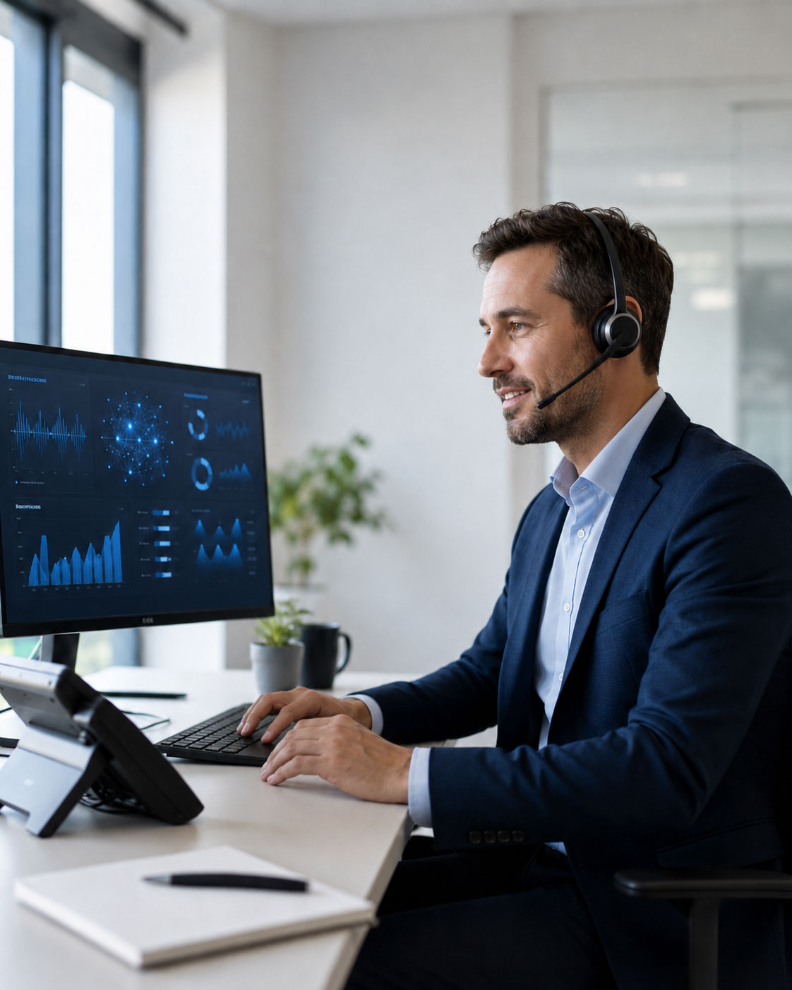 Man in a suit uses a computer while speaking on a headset in an office.