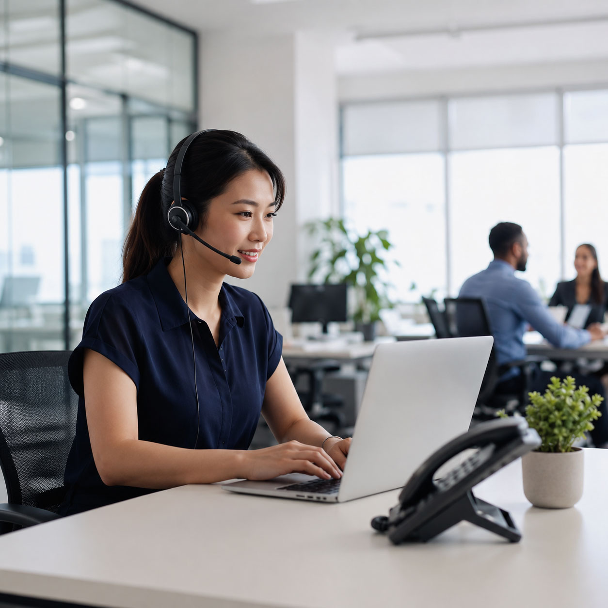 A woman wearing a headset works at a laptop in an office, speaking to a customer.