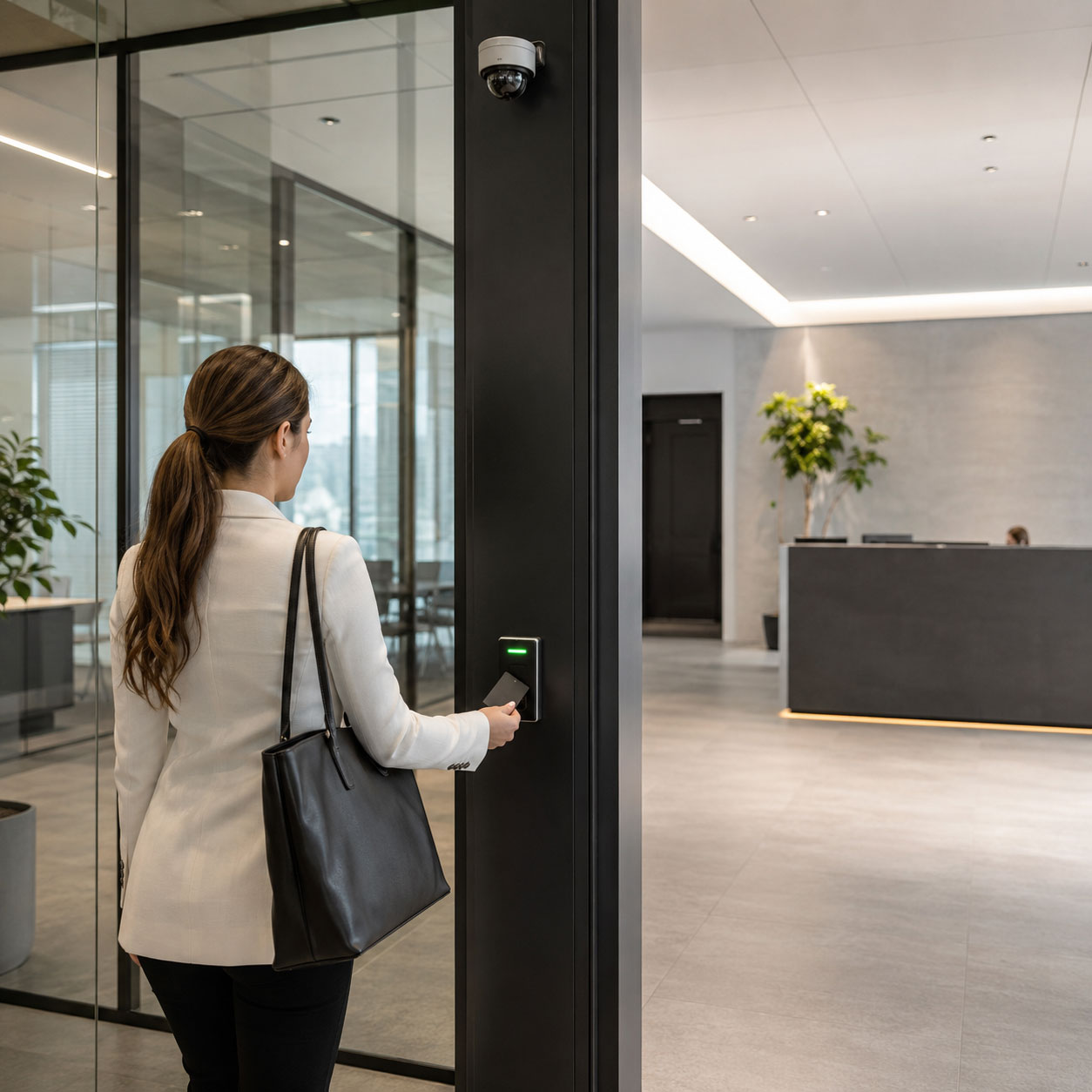 A woman uses an access card to enter a modern office through a glass door.