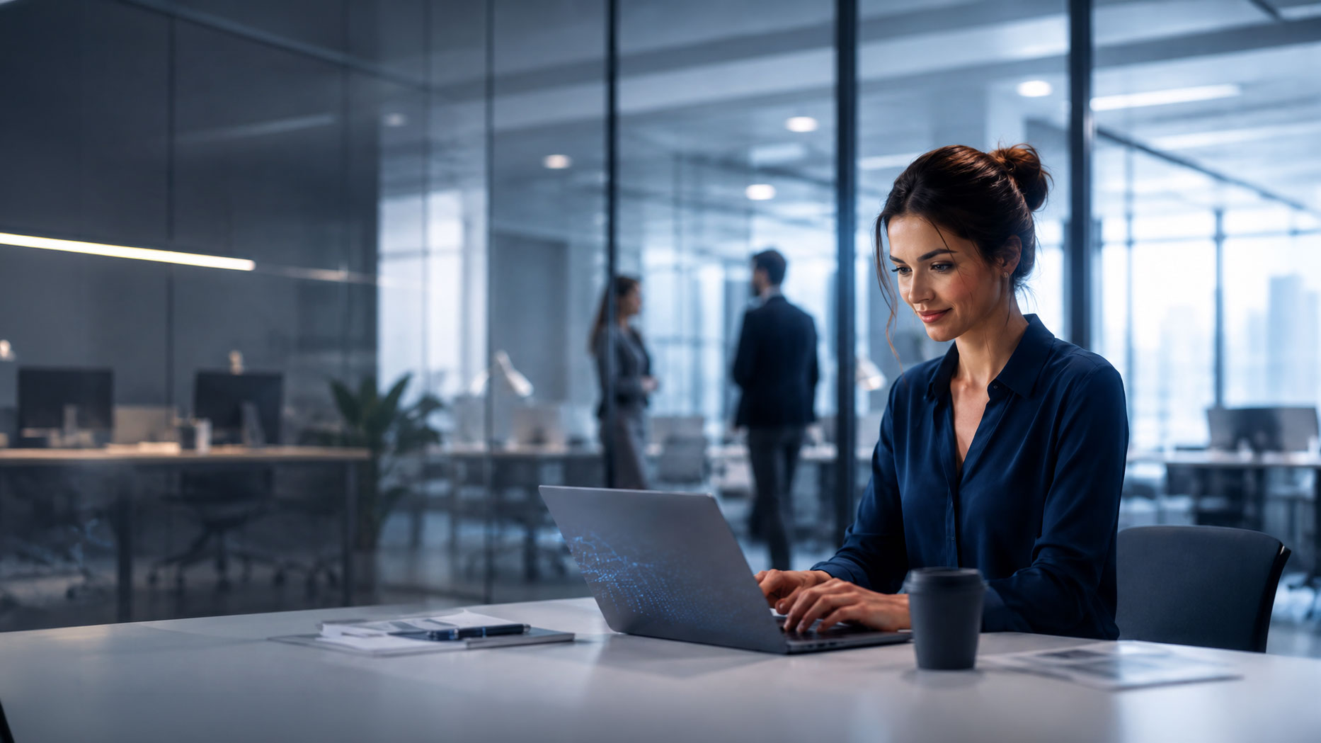 A woman is working on a laptop at a desk in an office.