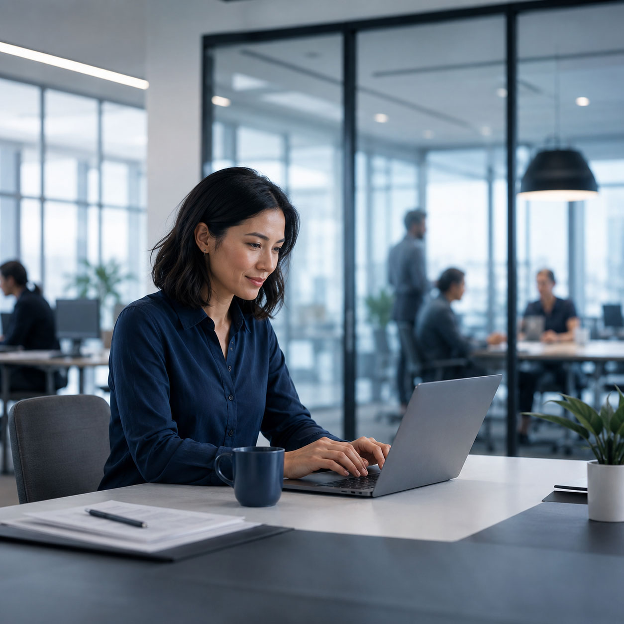 Woman in a blue shirt typing on a laptop in a modern office setting.