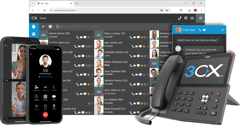 Video conferencing software is displayed on a computer screen, with smartphones and a desk phone nearby.