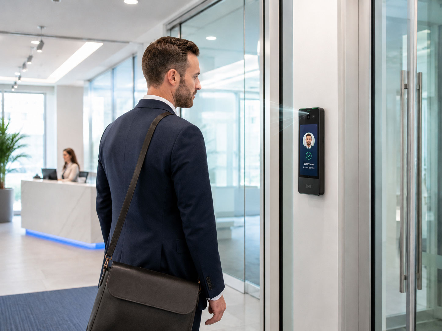 A man in a suit uses facial recognition to enter an office building.