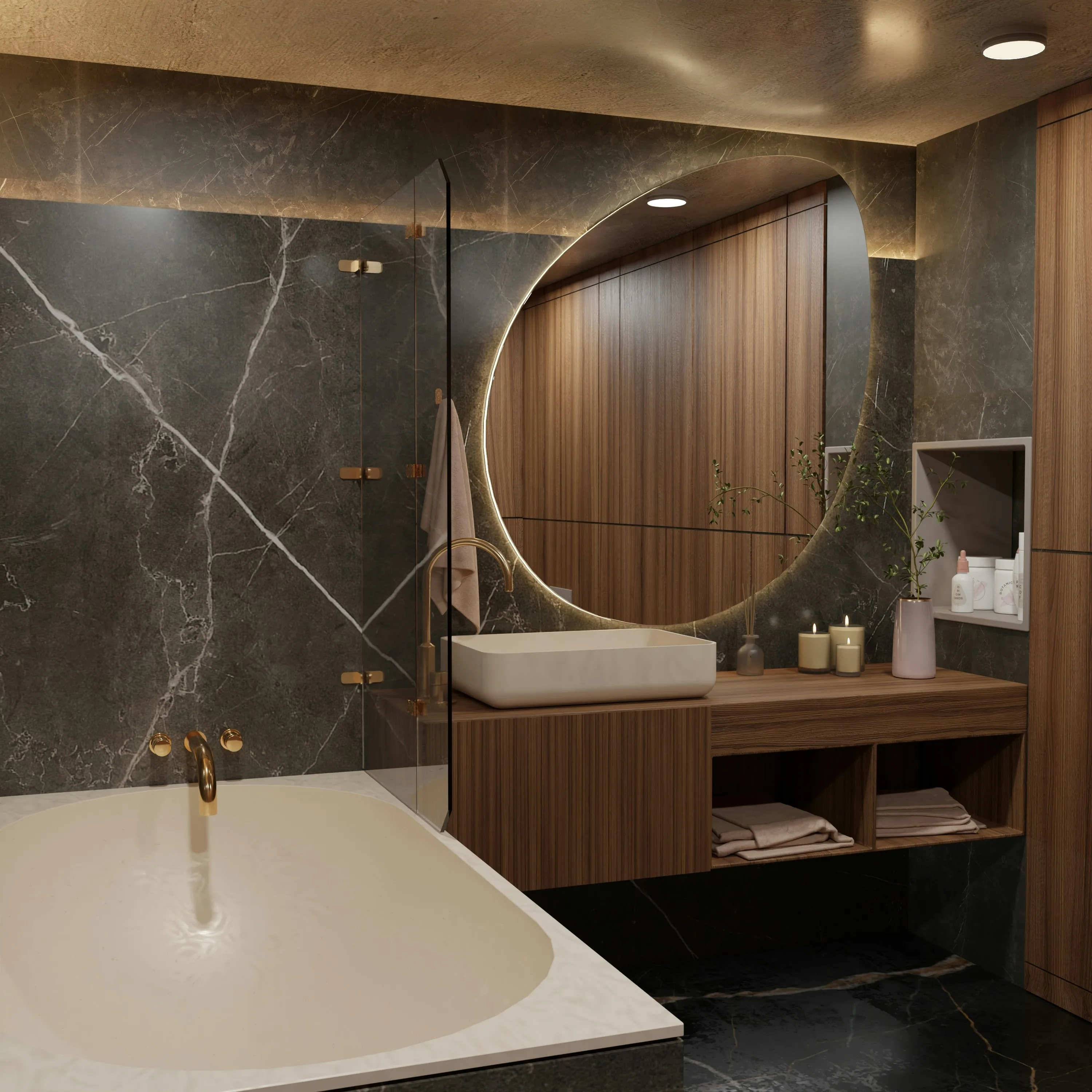 Modern bathroom with beige bathtub, dark marble walls, wooden vanity with vessel sink, round backlit mirror, candles, and decorative plants.